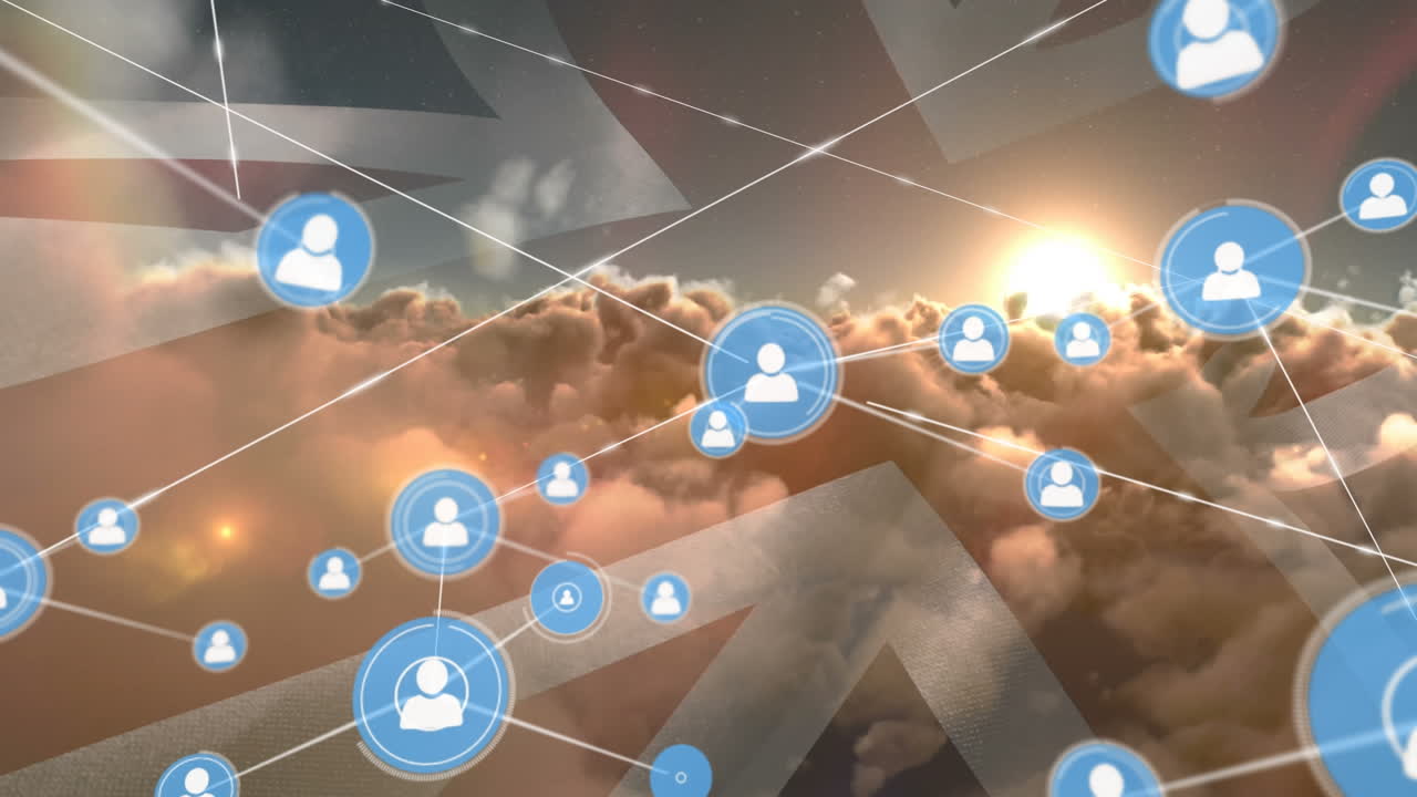 영국  ⁇ 발과 구름진 하늘 위의 연결 네트워크와 아이콘의 애니메이션