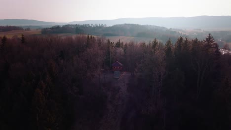 a wooden lookout tower in nature on a hill surrounded by trees on a sunny day