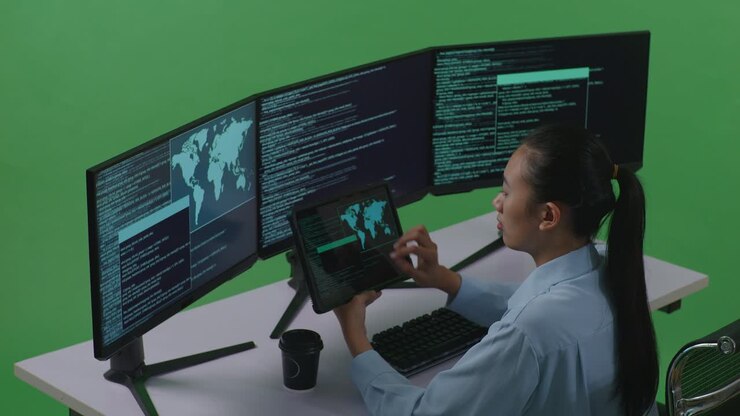 Woman Programmer Working on Multiple Monitors and Tablet
