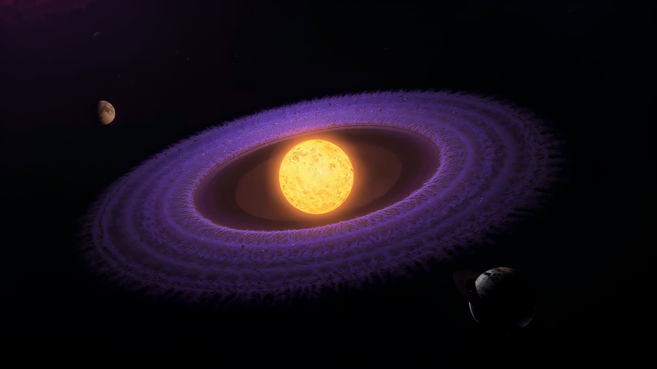 Sistema stellare ad anelli rotanti che reagisce alla luce di una stella gialla, pianeti in movimento, disco polveroso viola