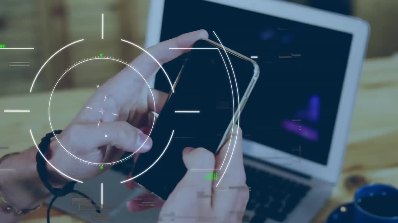 Animation of scope scanning over woman using smartphone