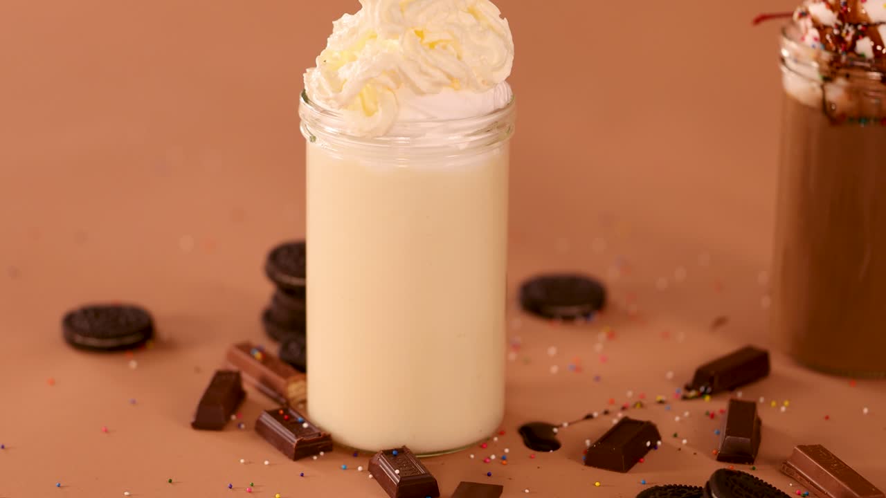 Vanilla milkshake in glass jar topped with whipped cream, surrounded by chocolate, cookies, warm lighting