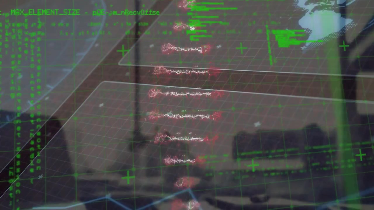 Holographic AR interface floating over blurred desk scene, showing green grid code and red waveform