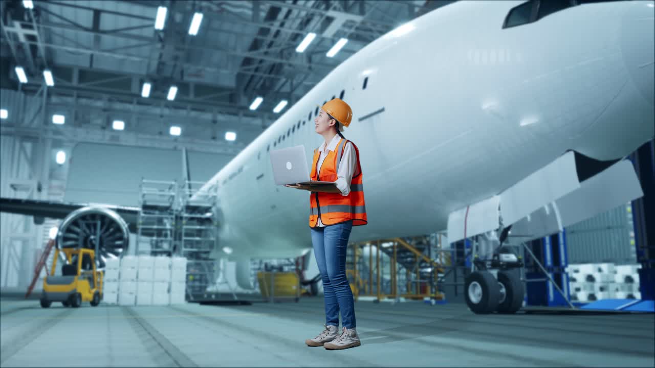 ingeniera de aviación femenina trabajando en una computadora portátil en un hangar