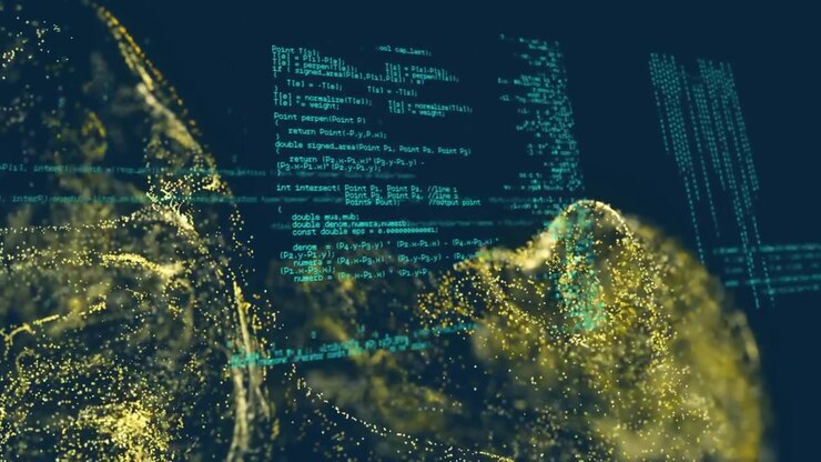 Golden particles emerging left forming cloud while code panels scrolling and numbers raining