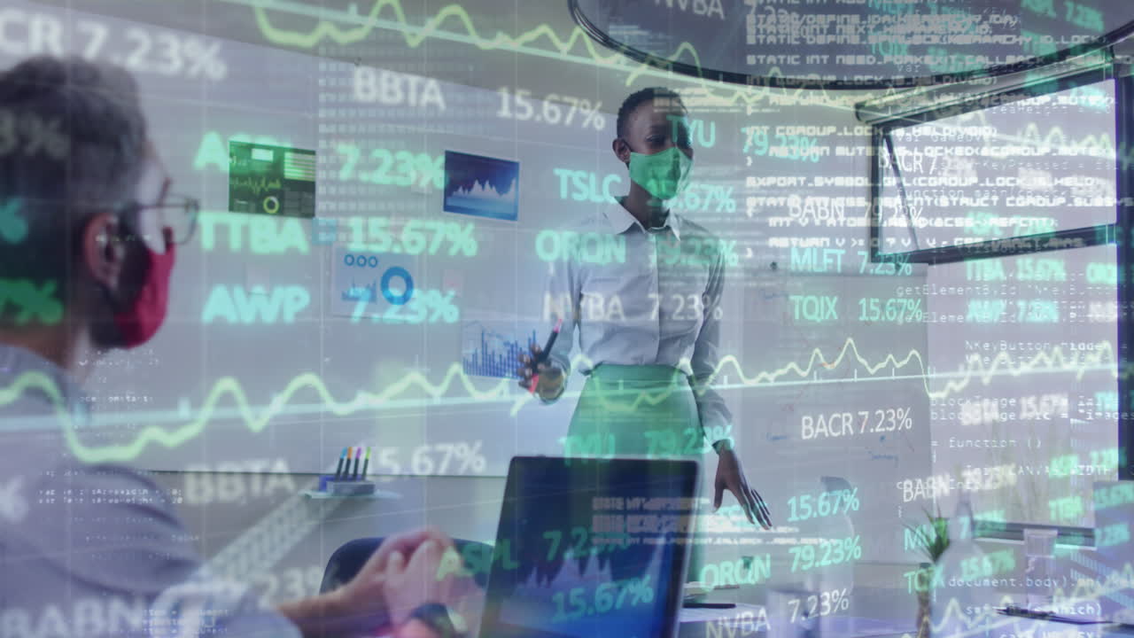 Animation of financial data processing over diverse business people with face masks at meeting