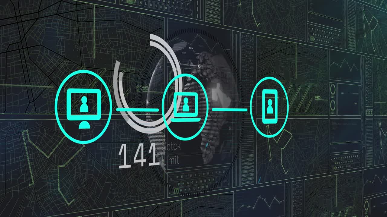 animación de procesamiento de datos e iconos de medios en fondo negro