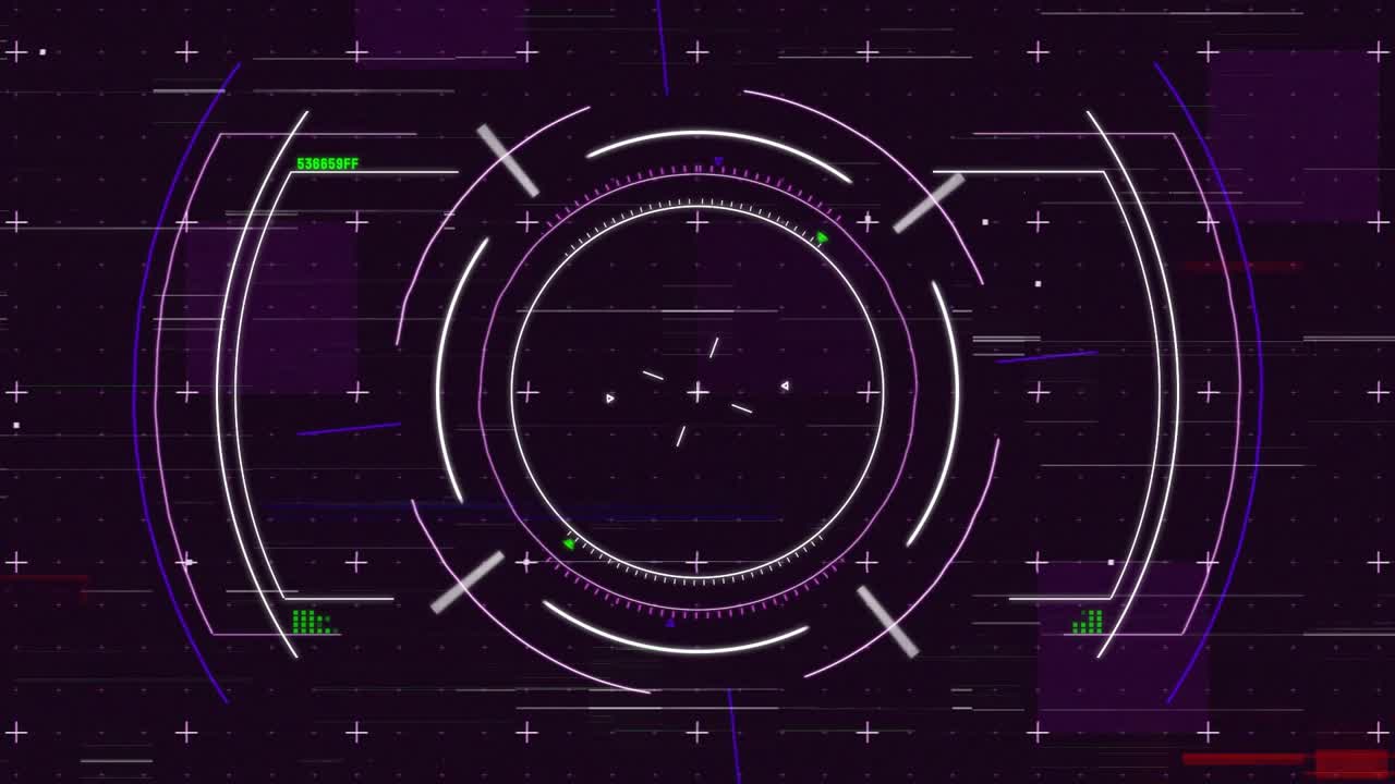 Opening grid reticle emerging pulsing rings flickering clusters magenta brackets resetting cycle