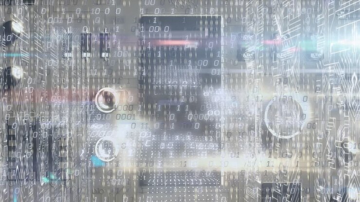 Animation of falling digital data processing over grey background