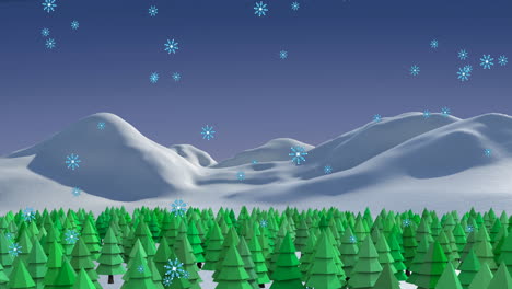 animation of snow falling over fir tree in winter landscape