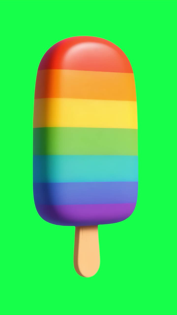 Animação de ilustração colorida de picolé arco-íris, vídeo 4K transparente, tela verde.