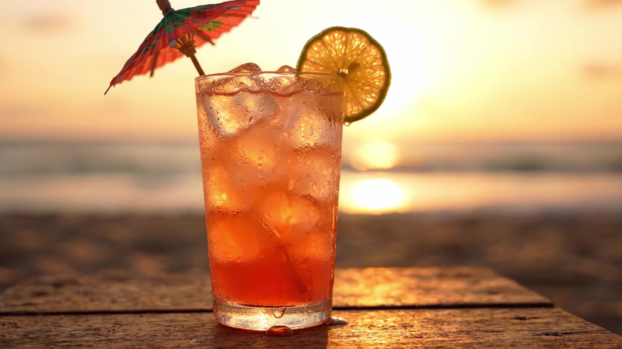 Una bevanda rinfrescante al tramonto: gustare un drink tropicale con ghiaccio, ombrellino e fetta di limone sullo sfondo di un sereno tramonto sulla spiaggia.