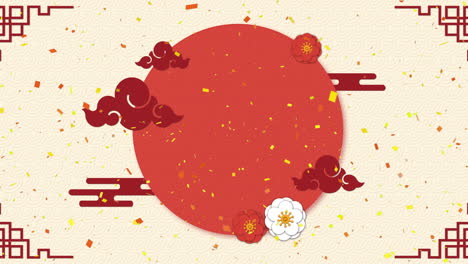 animación de decoraciones tradicionales chinas y confeti con círculo en fondo crema.