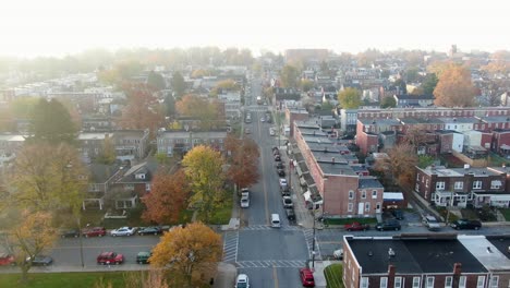 Aerial-of-traffic-on-city-streets-in-American-urban-town