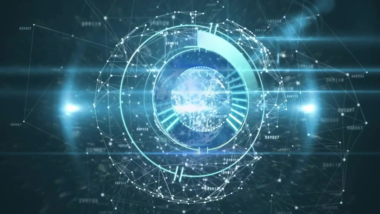 Måler materialiseres rundt glødende digital jordklode, nett roterer, visualiserer nettverksdataflyt.