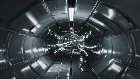 long metallic tunnel featuring a repeating pattern, creating infinite reflections extending into the distance, illuminated by artificial lights that enhance its futuristic ambiance