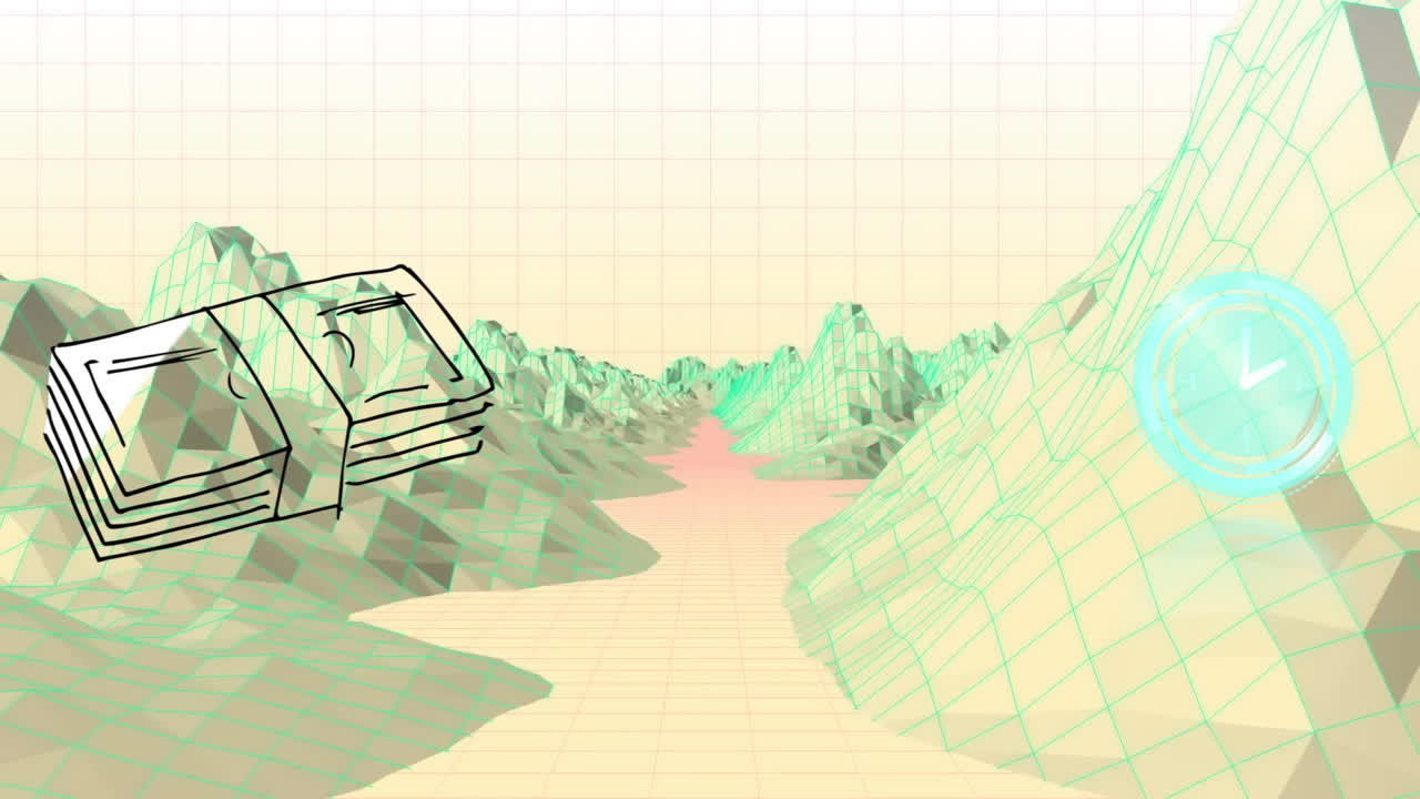 움직이는 디지털 풍경 위에 시계와 통화 지폐의 애니메이션