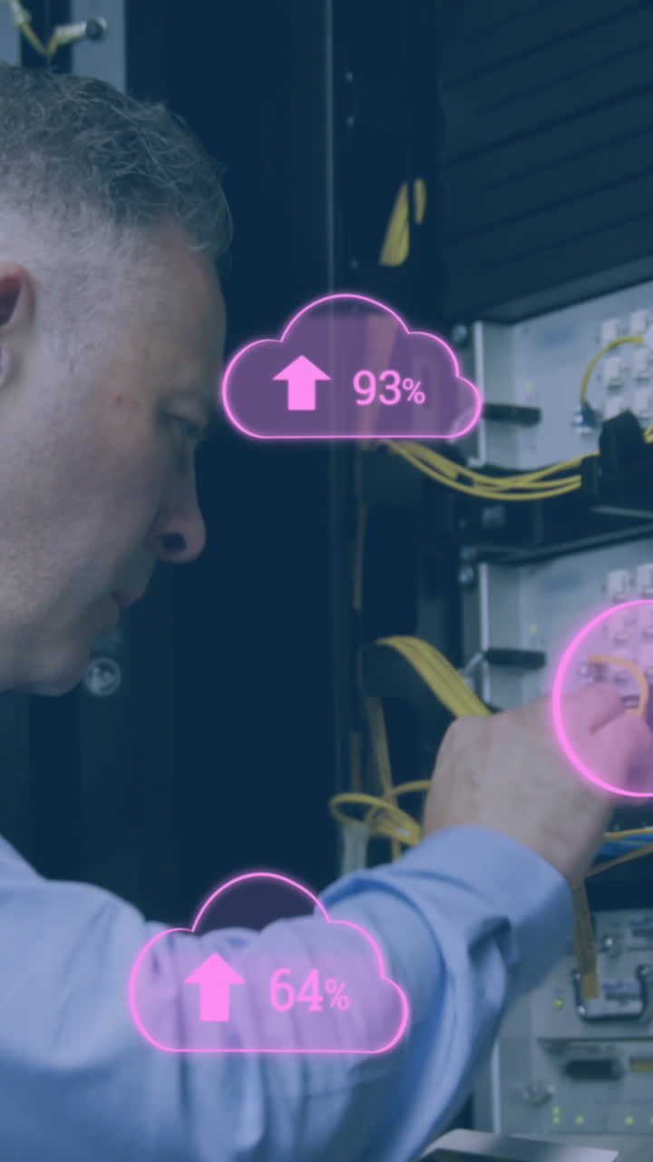 Animation of clouds with increasing numbers over caucasian man working in server room