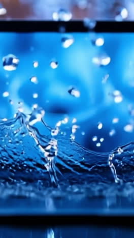 Water splashed on laptop. Water splashes around a laptop, with droplets scattering dramatically in all directions.