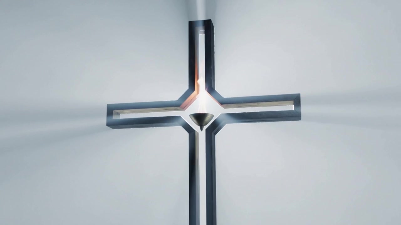 Luce brillante che si forma in una rientranza a imbuto, croce metallica che emette fumo e irradia raggi, in espansione