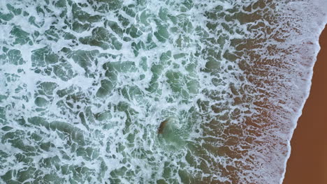 white ocean foam waving at sandy beach close up. top view stormy sea deep waves