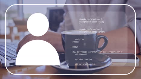animación de la interfaz con procesamiento de datos contra la sección media de un hombre usando una computadora portátil en una cafetería