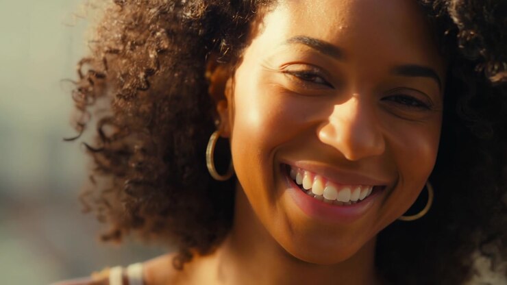 Close-up de mulher negra sorrindo sob a luz do sol, brilho dourado quente, cabelo cacheado natural, brincos de argola, riso espontâneo.