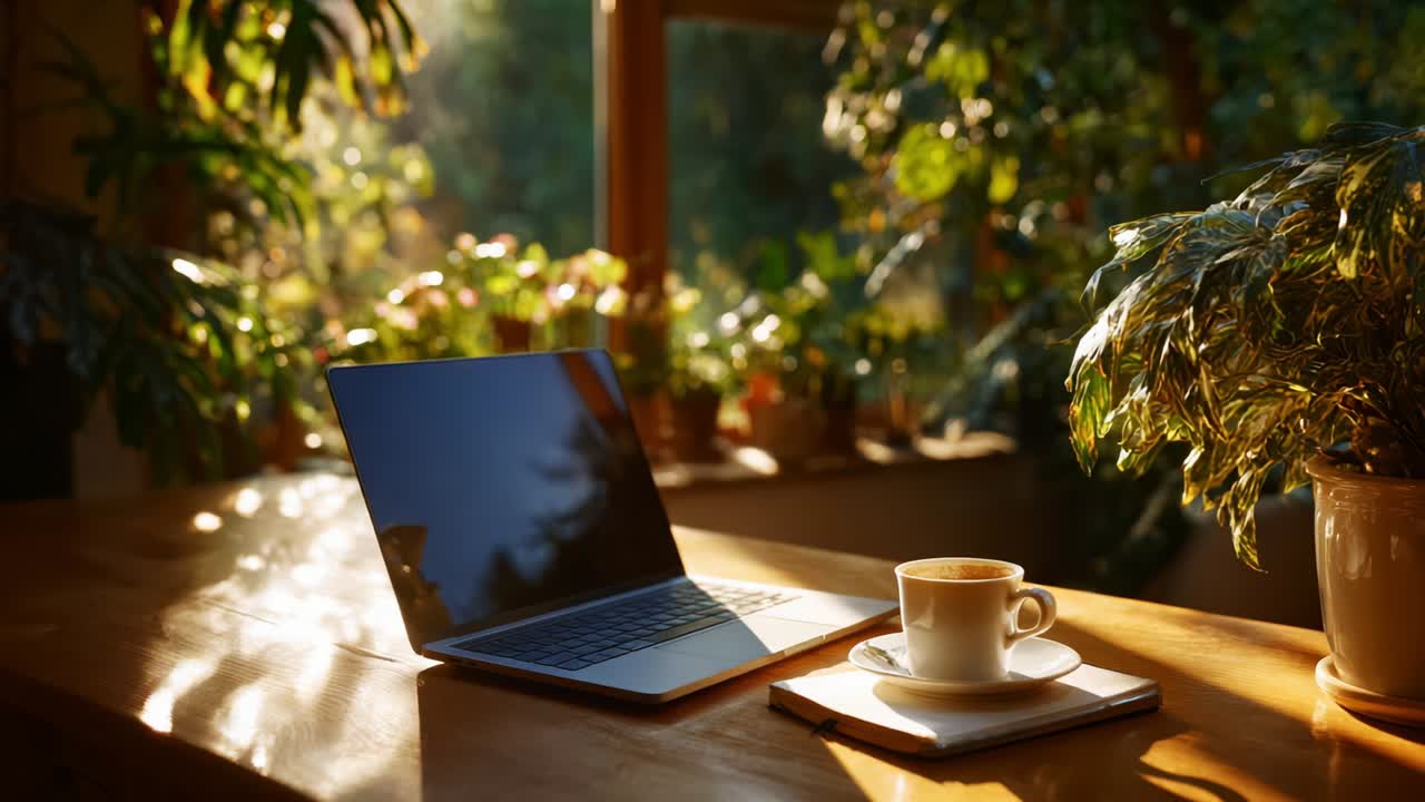 A Serene Morning Workspace: A Sunlit Coffee Cup and Laptop on a Warm Wooden Table Surrounded by Lush Green Plants, Creating a Perfect Atmosphere for Inspiration and Productivity