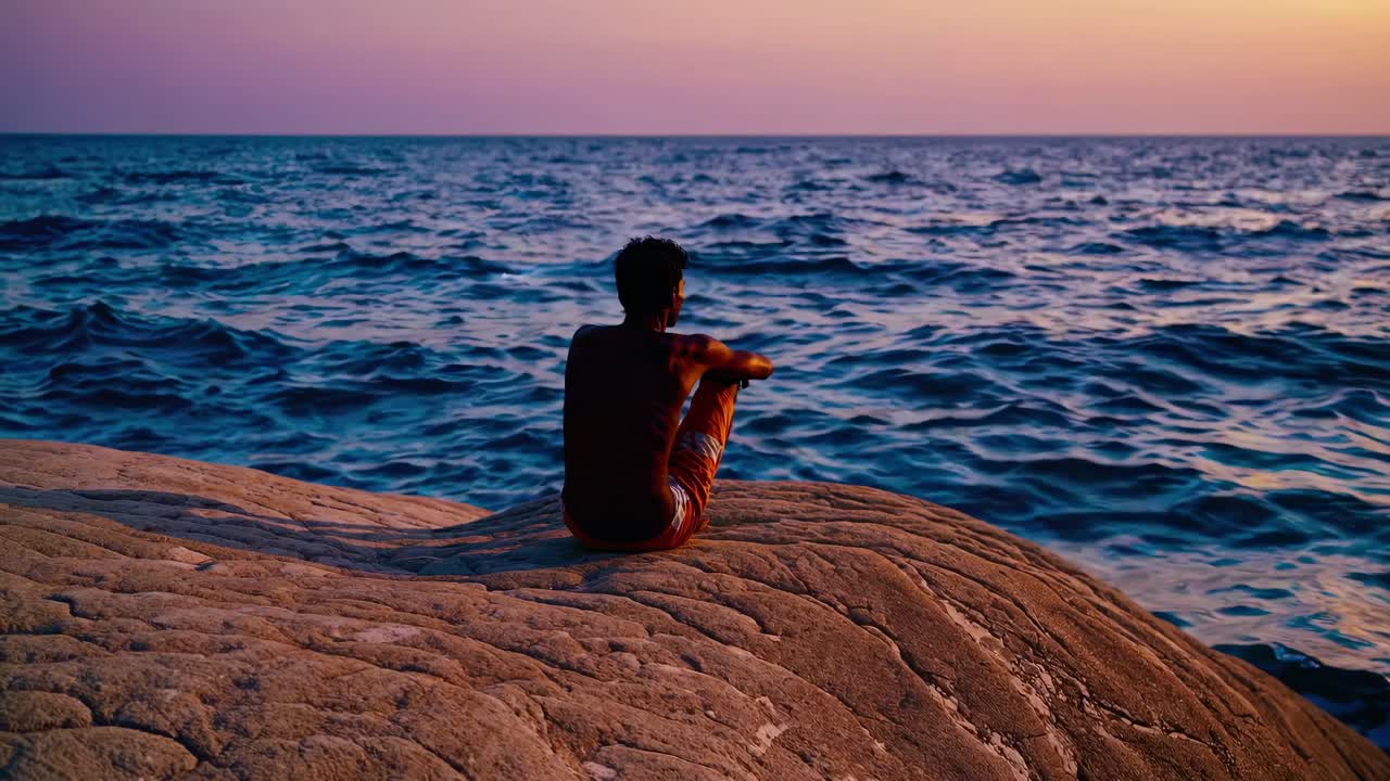 Uomo che guarda il tramonto da una roccia costiera