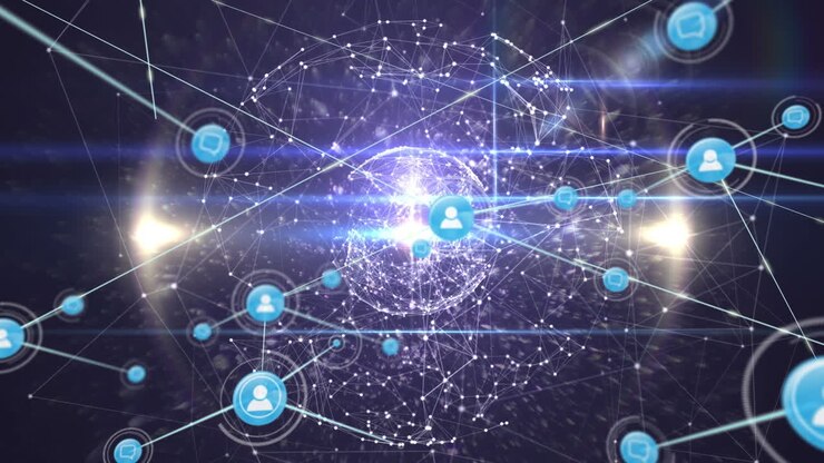 Animation of networks of connections with icons over globe on black background
