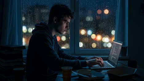 a young man is immersed in coding on his laptop during a rainy night, with the vibrant city lights twinkling in the background