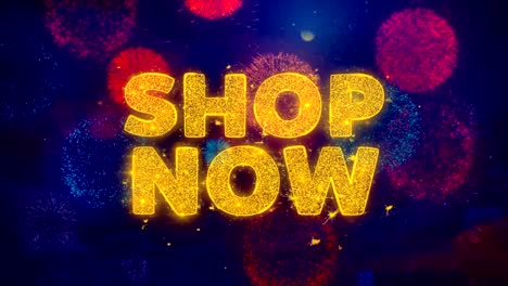 ahora compra texto en coloridas partículas de explosión de fuegos artificiales.