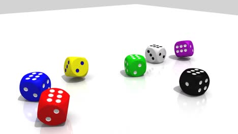 Multicolour-3D-dices-rolling-into-a-white-environment