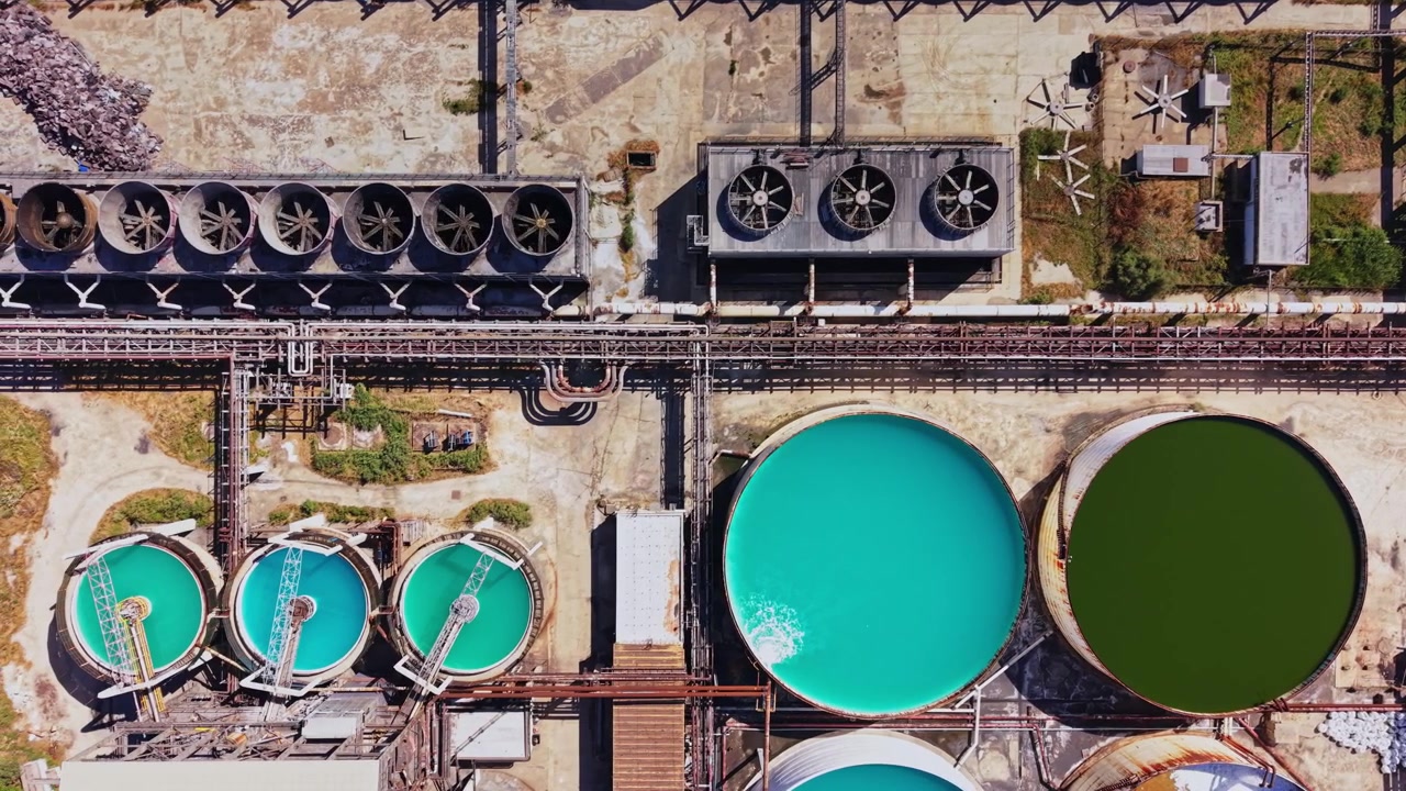 Industrial site shows large tanks with different colored liquids