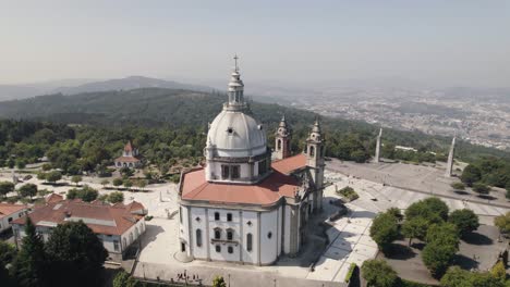 sameiro sanctuary in city of braga, portugal, aerial drone orbit shot