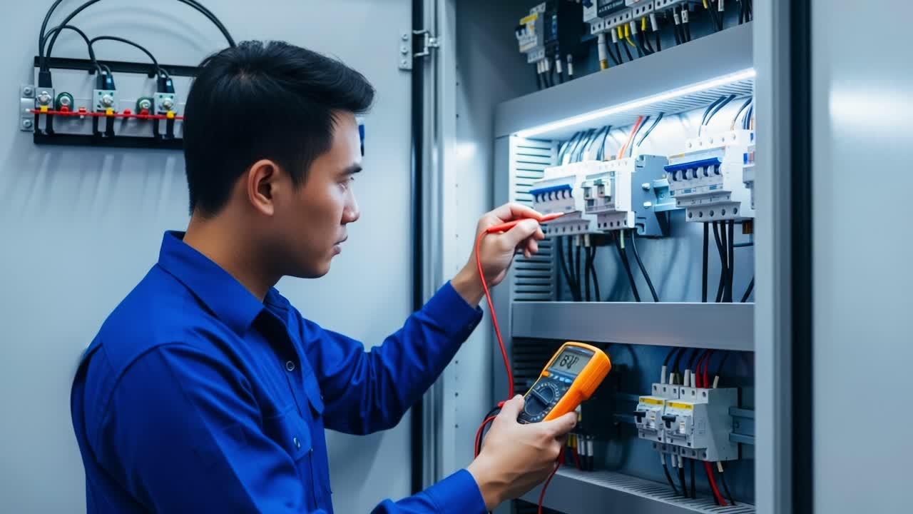 A Technician Diagnosing Electrical Circuits Inside a Control Panel Using a Multimeter to Ensure Proper Functionality and Safety of Equipment