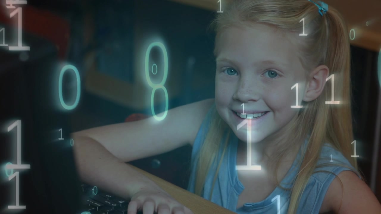 Animation of network of connections over happy caucasian woman using computer