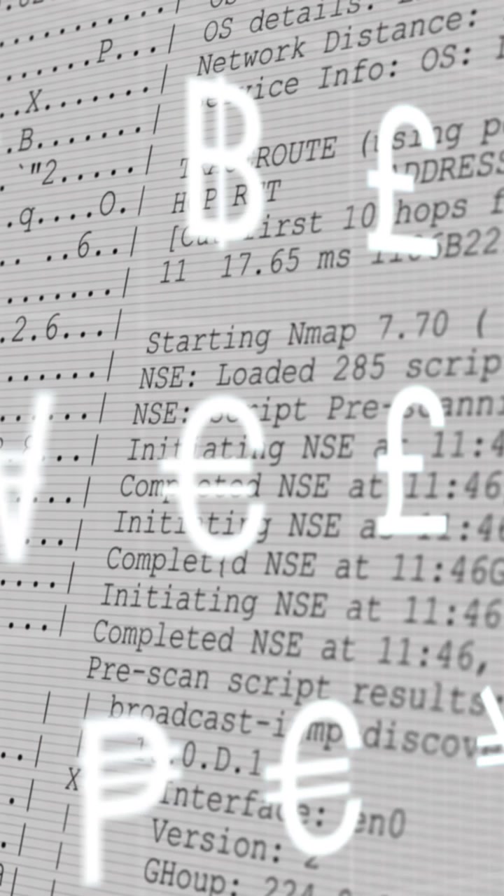 Animation of multiple currency symbols moving over data processing against white background