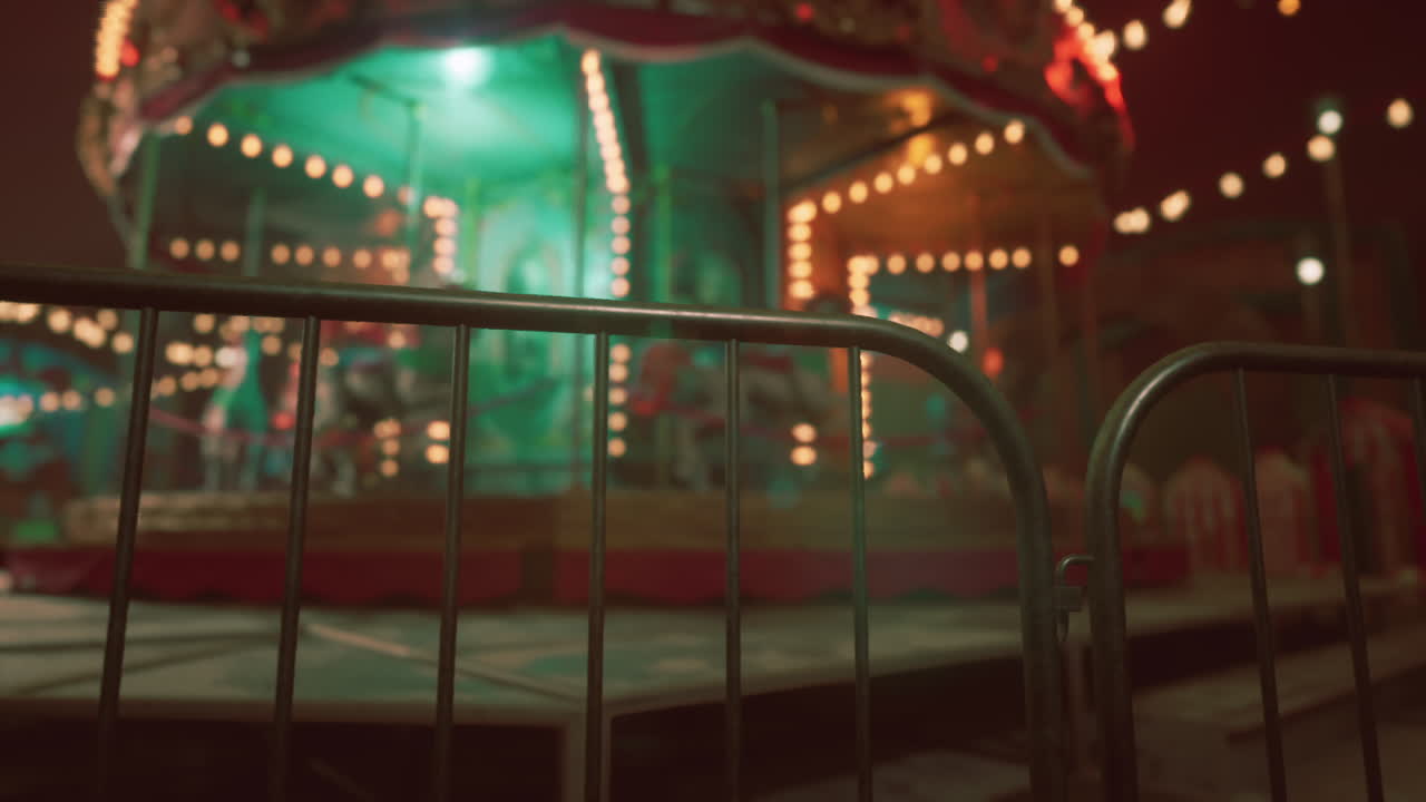 An abandoned amusement park at night with a deserted carousel brightly lit