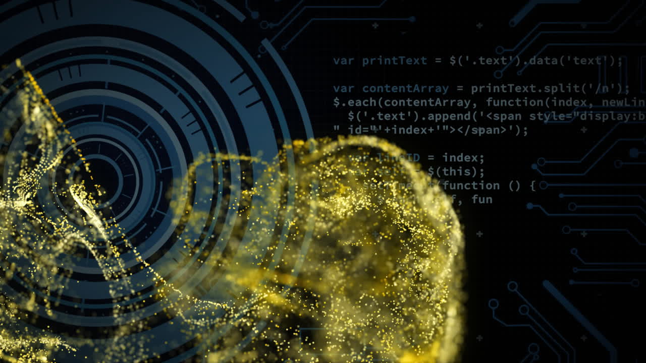 Animation of digital data processing and scope over circuit board and flames
