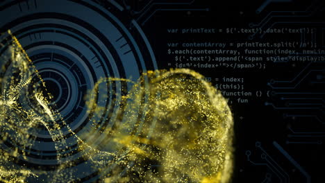 animation of digital data processing and scope over circuit board and flames