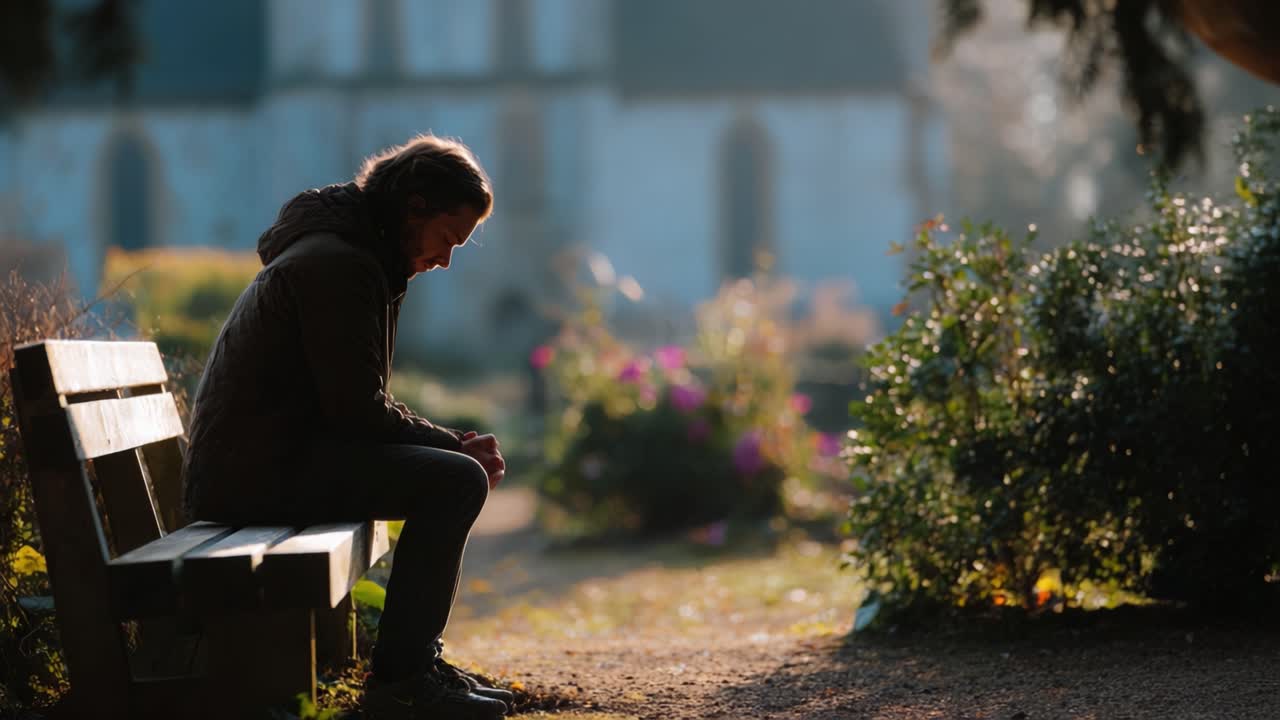 A Pensive Moment: A Man Contemplates Life While Sitting Alone on a Bench Surrounded by a Serene Garden in a Soft Morning Light