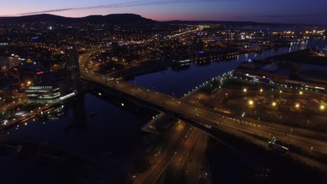 Belfast,-Northern-Ireland,-City-Centre-Aerial,-Dusk