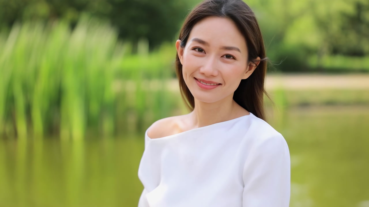 Asian Woman Smiling By Pond, Gentle Outdoor Portrait Showing Lifestyle Blogger In White Blouse With Soft Bokeh