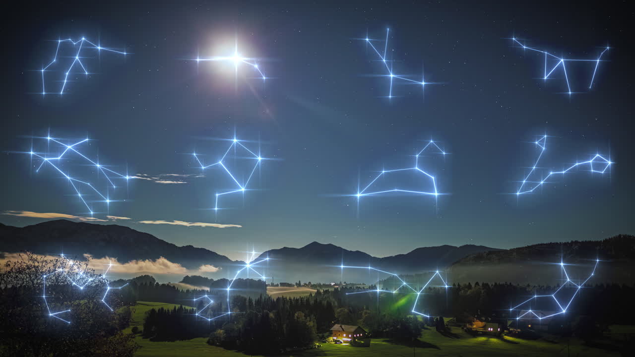 estrellas en el cielo nocturno con signos y símbolos del zodiaco ilustración y animación superposición