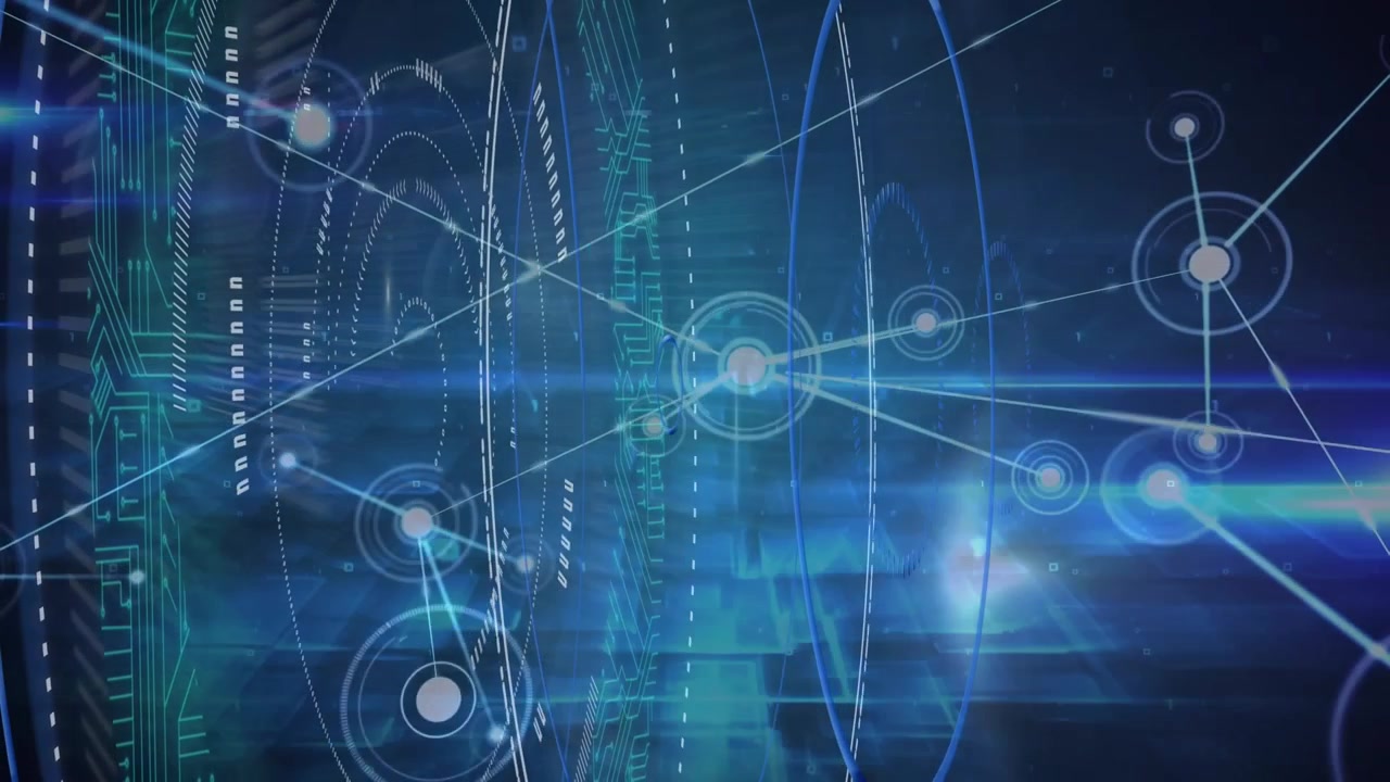 Animation of scanner processing data, communication network and glowing light on black background