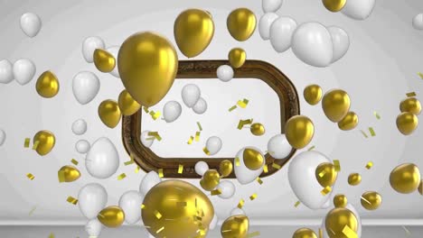 Animation-of-white-and-gold-balloons-and-confetti-over-frame-on-white-background