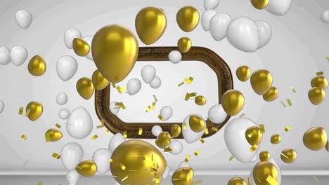 animation of white and gold balloons and confetti over frame on white background