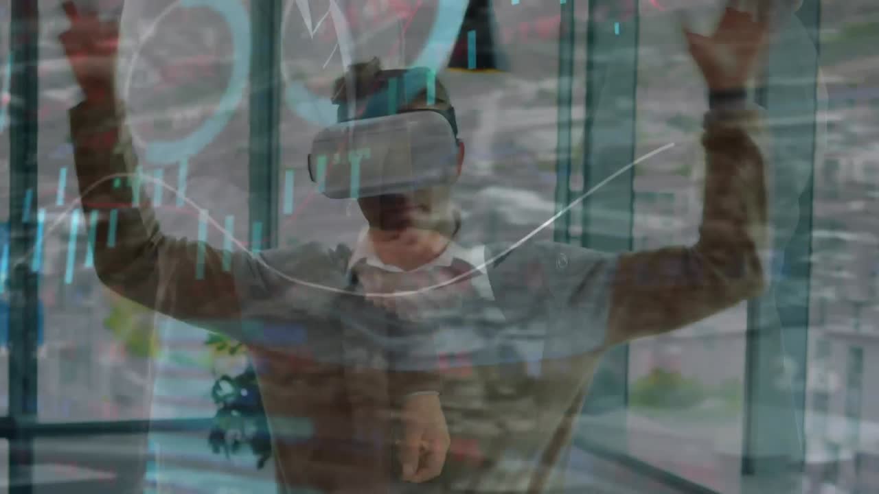 animación del procesamiento de datos sobre un hombre de negocios caucásico usando auriculares vr