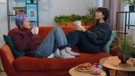 two smiling lesbian women family couple drinking coffee or tea and talking at morning home on couch